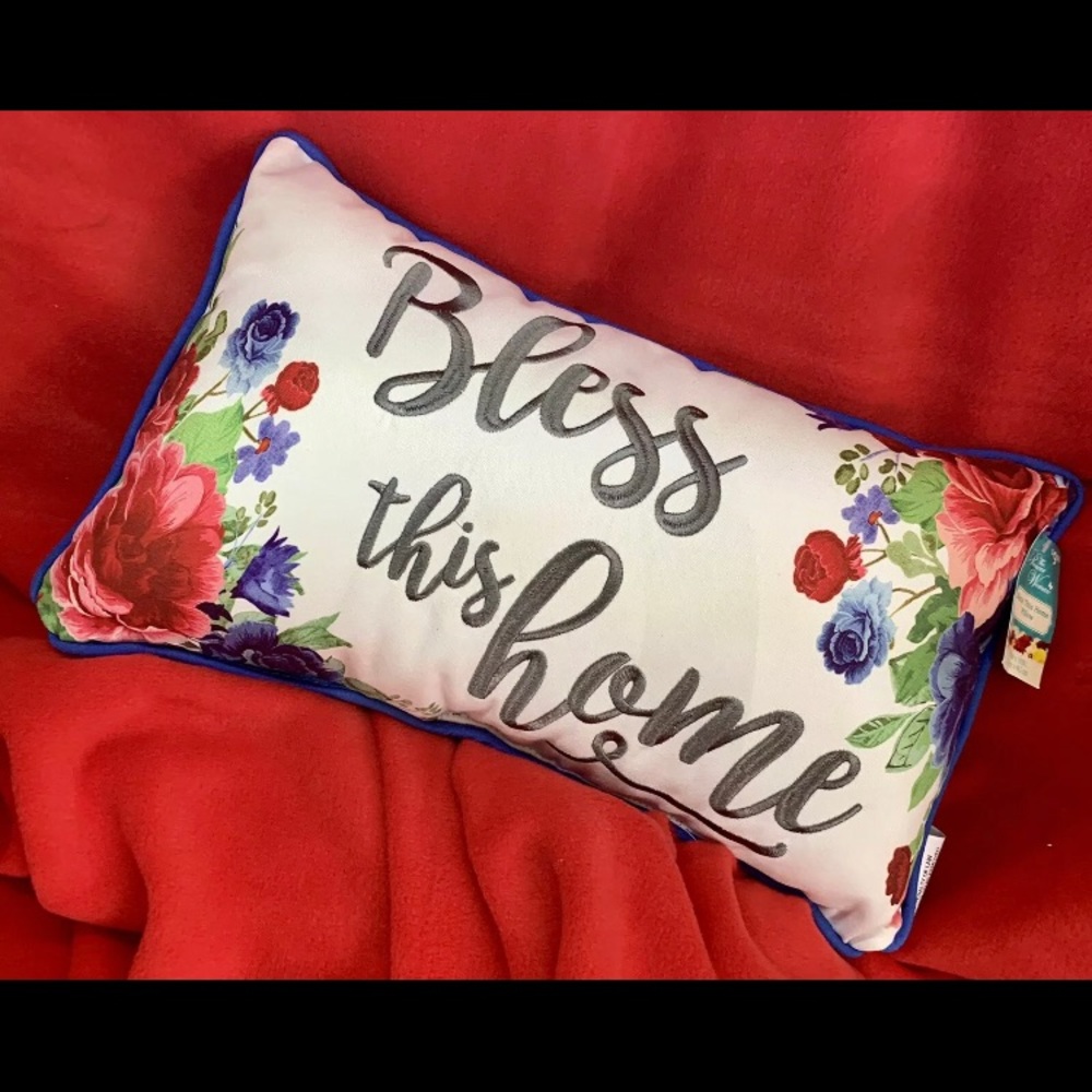 PIONEER WOMAN EMBROIDERED BLESS THIS HOME PILLOW